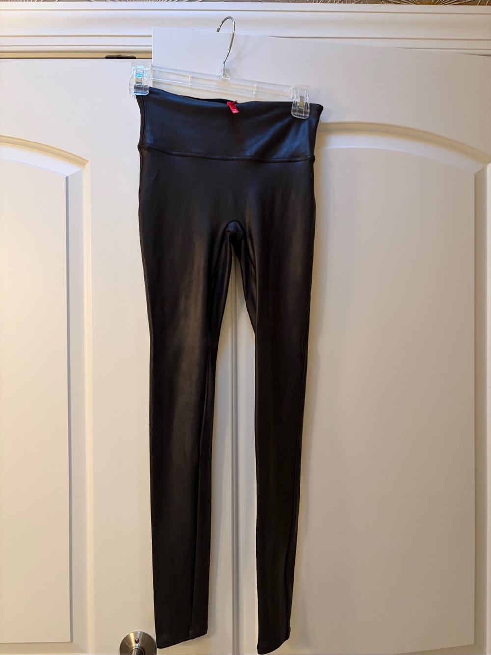 SPANX Black Faux Leather Leggings with Red Tag